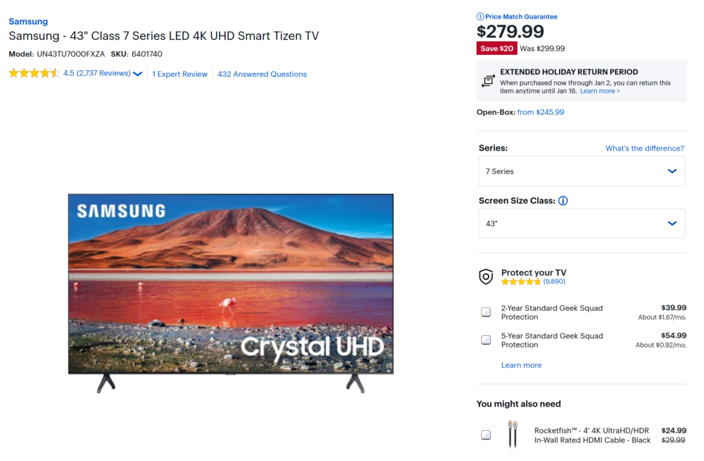 Samsung - 43" Class 7 Series LED 4K UHD Smart Tizen TV 
Samsung TU7000 / UN43TU7000FXZA